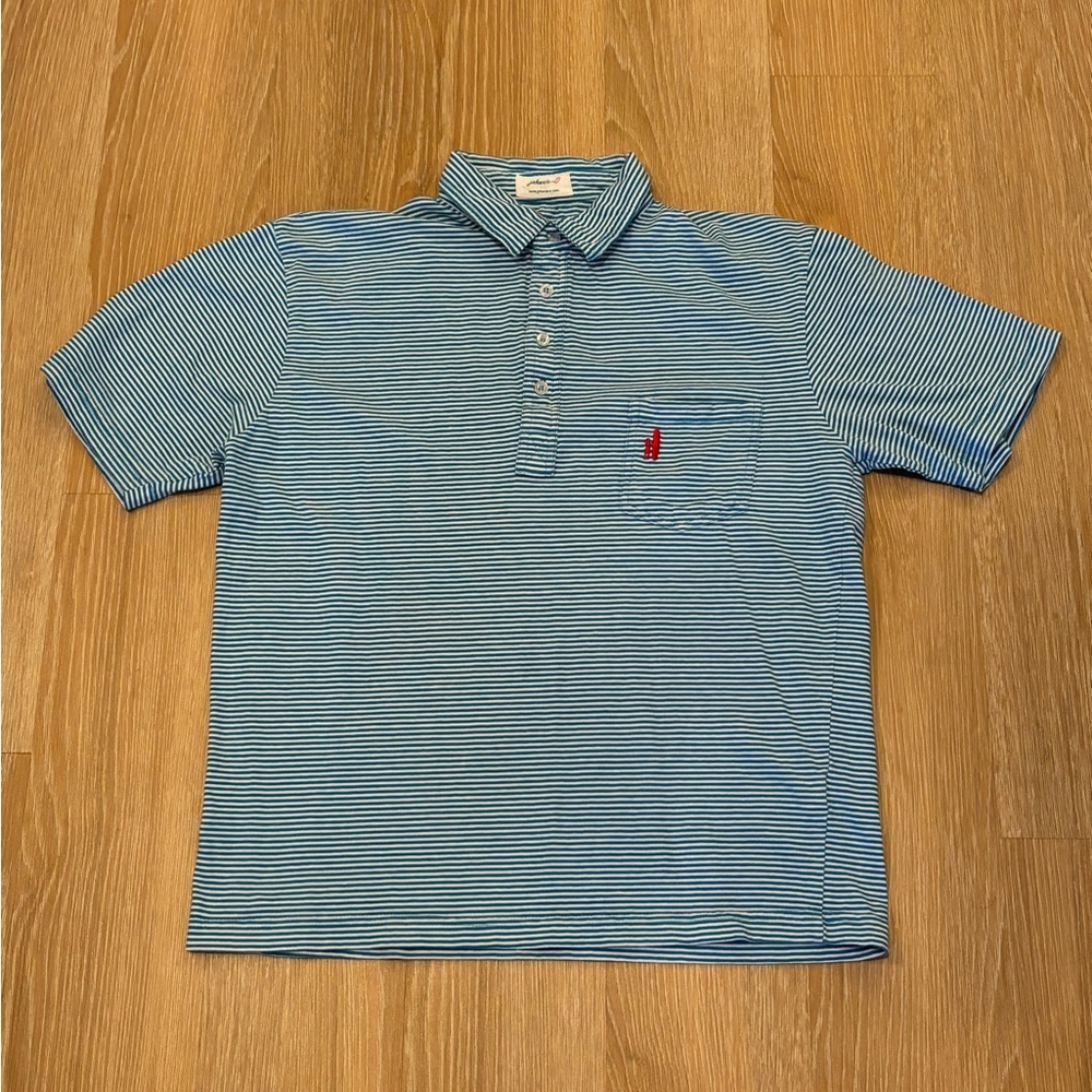 Men’s Johnnie-O West Coast Prep Polo Shirt Size Medium Blue White Striped